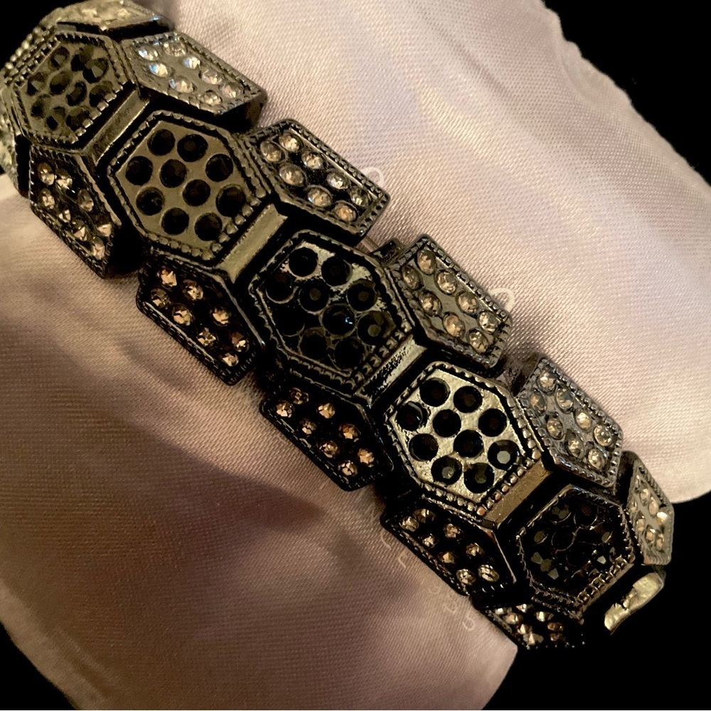 Stretch Black Bangle Hematite & Clear crystal Pave Geometric Statement Bracelet - Picture 5 of 9